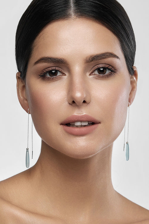 Aqua Chalcedony Drops Long Earrings