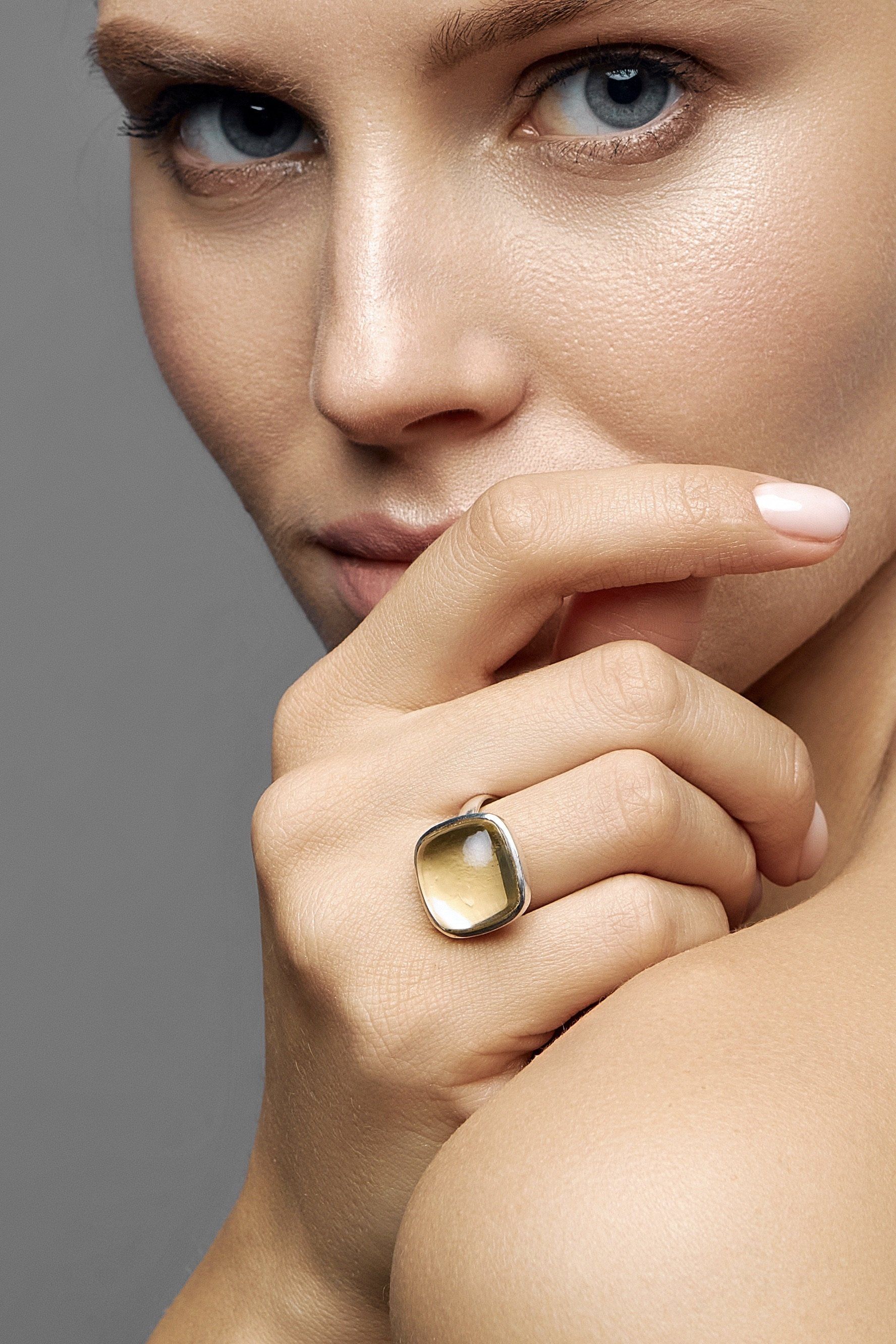 LEMON QUARTZ SQUARE SILVER RING MID DAY