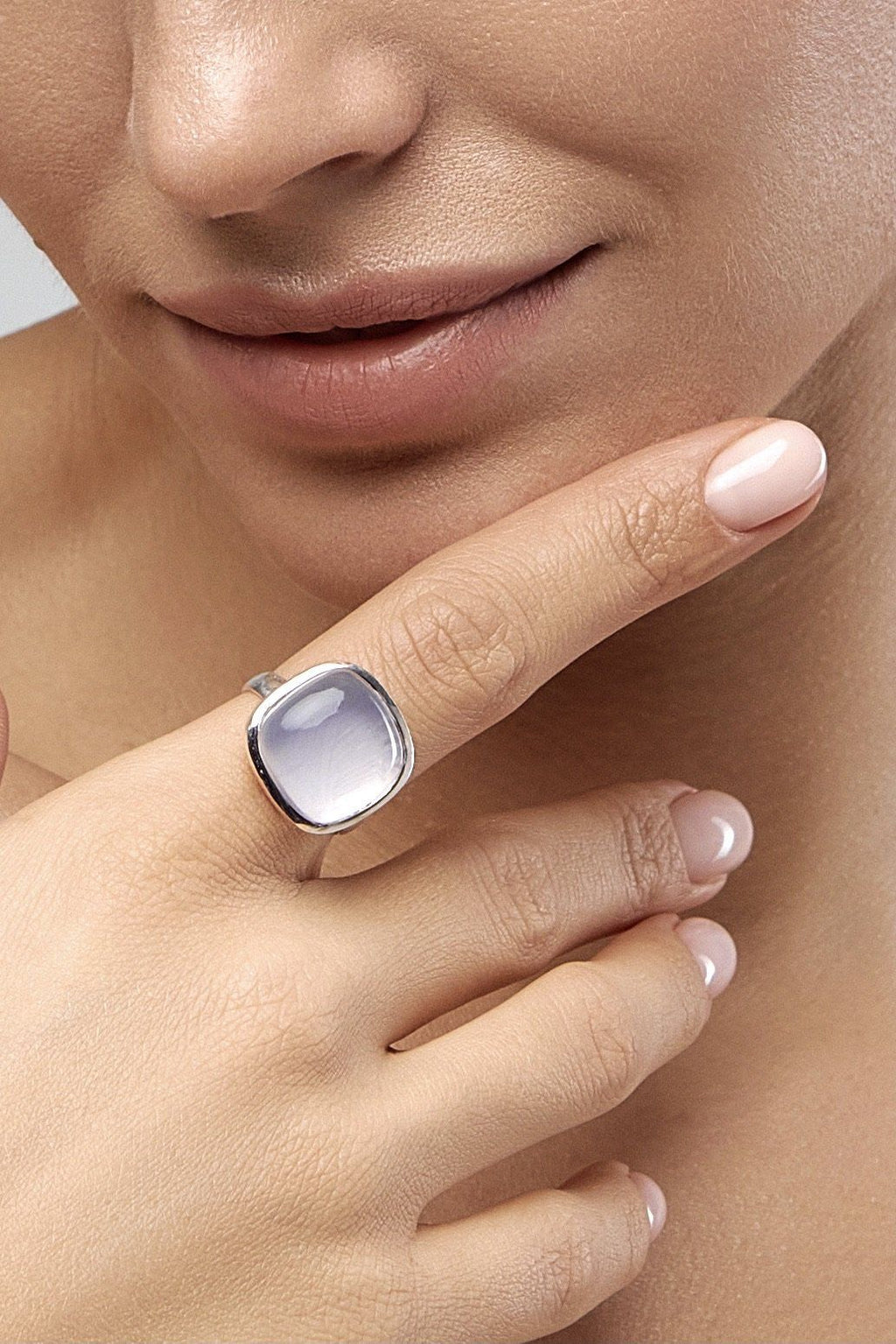 ROSE QUARTZ SQUARE SILVER RING HYACINTH MIST