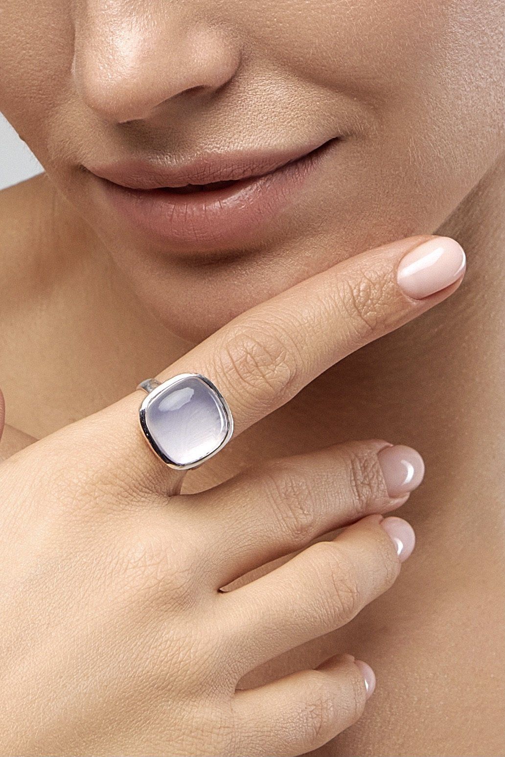 ROSE QUARTZ SQUARE SILVER RING HYACINTH MIST