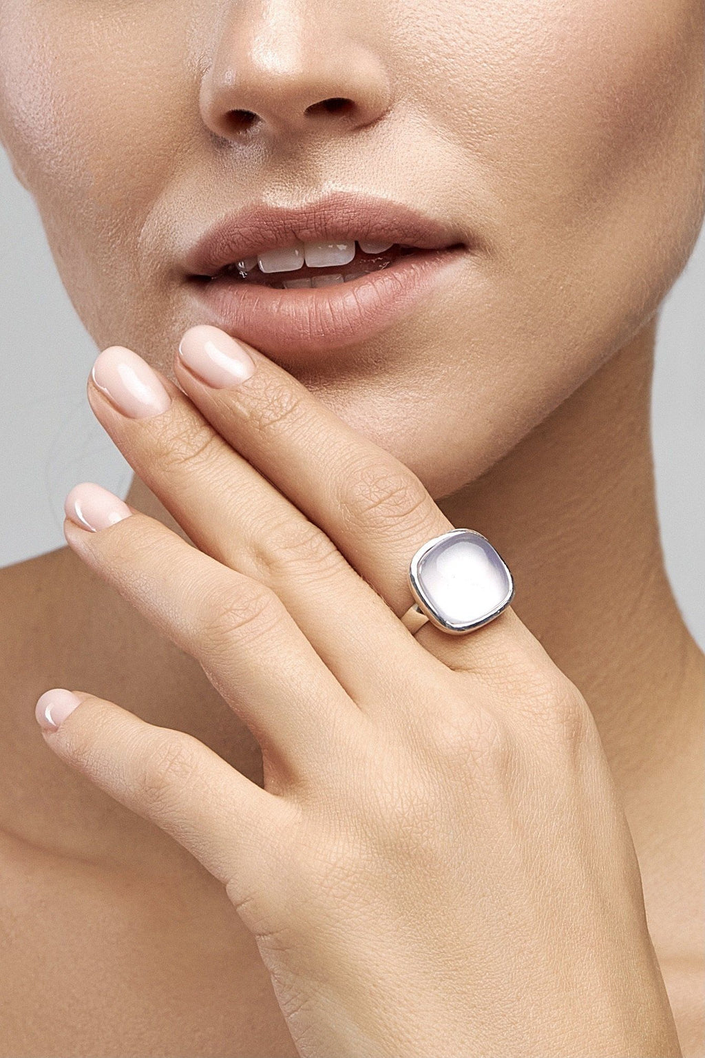 ROSE QUARTZ SQUARE SILVER RING HYACINTH MIST